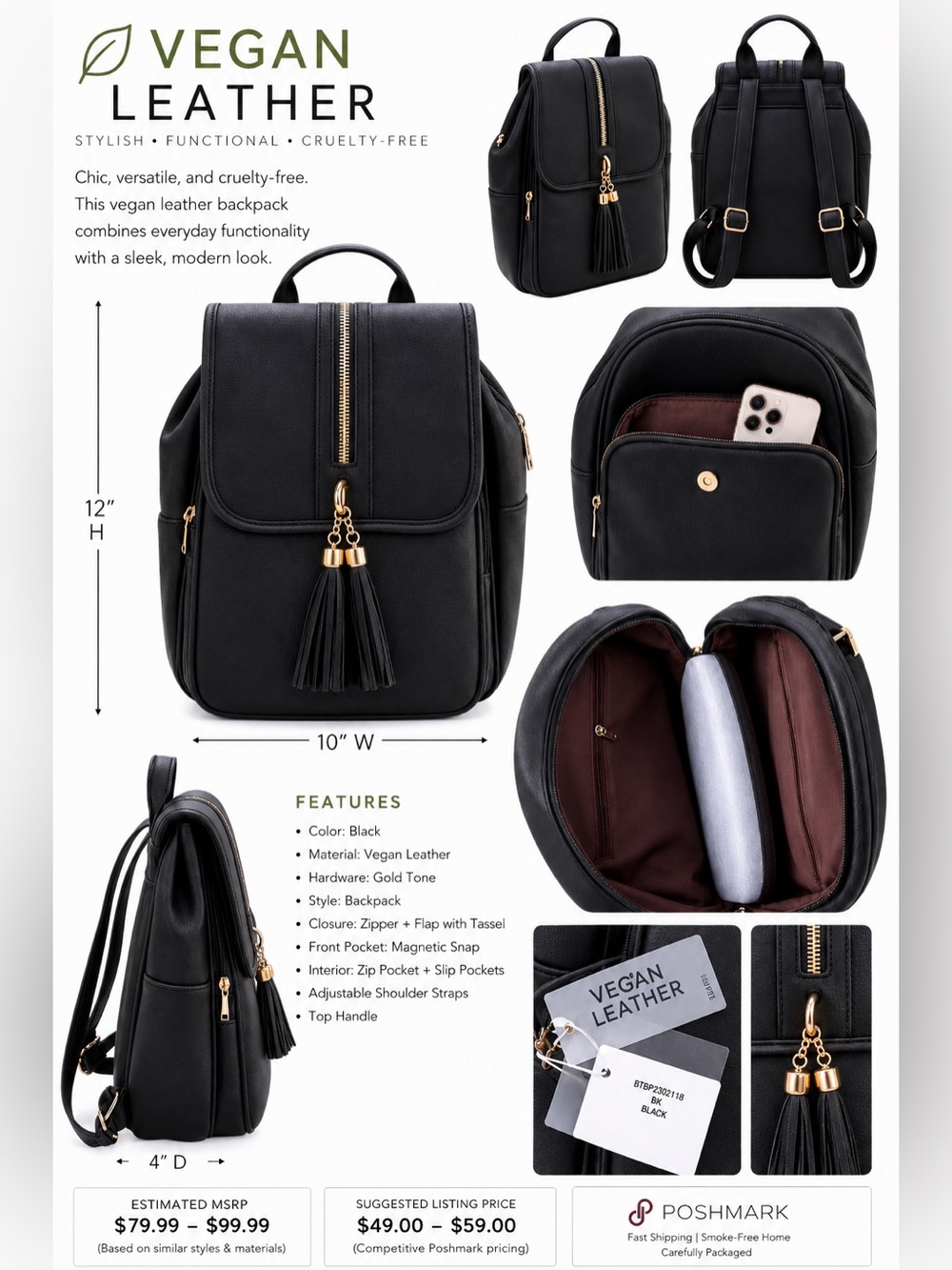 Black Vegan Leather Backpack with Gold Hardware and Tassel